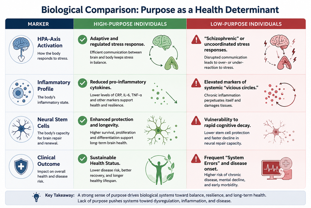 Biological Comparison: Purpose as a Health Determinant | Marker | High-Purpose Individuals | Low-Purpose Individuals | | :--- | :--- | :--- | | HPA-Axis Activation | Adaptive and regulated stress response. | "Schizophrenic" or uncoordinated stress responses. | | Inflammatory Profile | Reduced pro-inflammatory cytokines. | Elevated markers of systemic "vicious circles." | | Neural Stem Cells | Enhanced protection and longevity. | Vulnerability to rapid cognitive decay. | | Clinical Outcome | Sustainable Health Status. | Frequent "System Errors" and disease onset. |